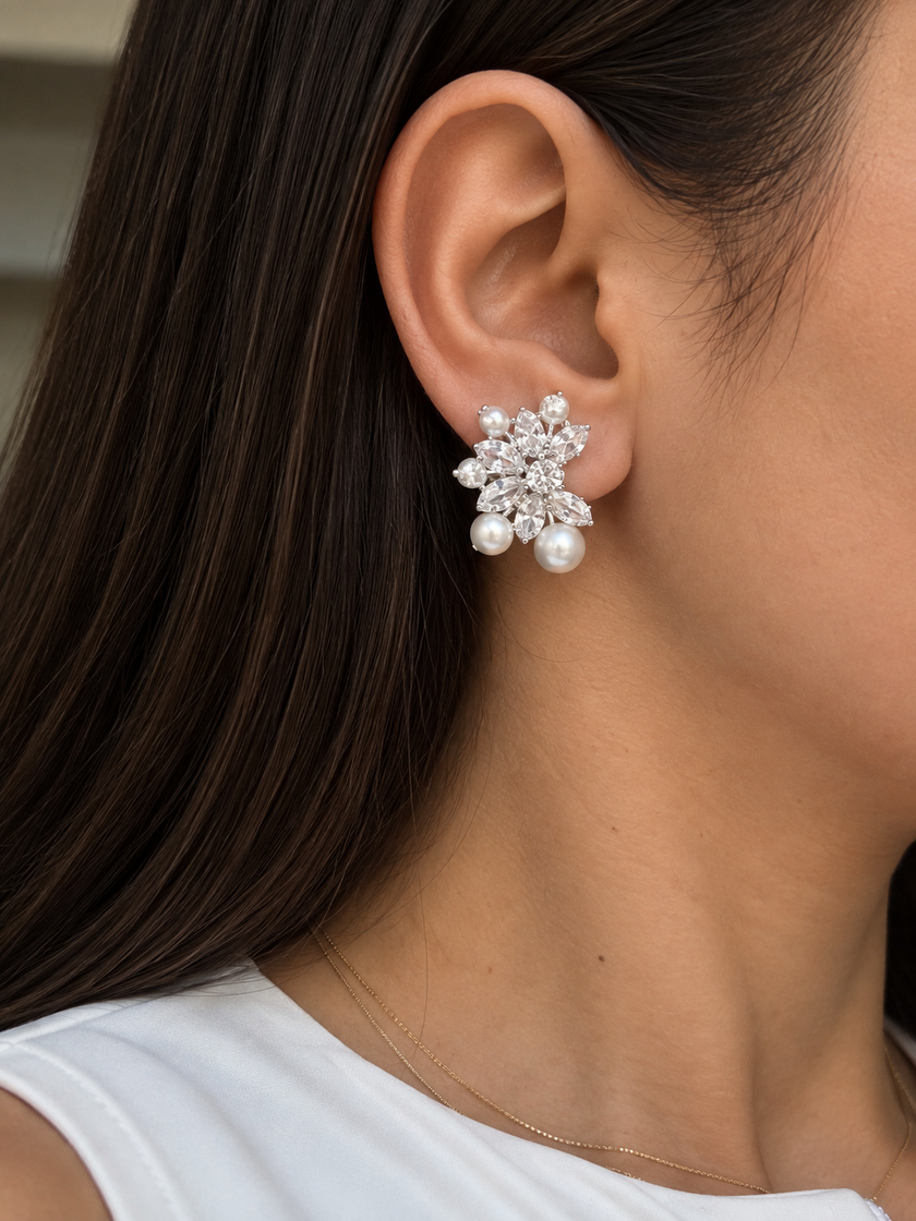 Cascading Zircon & Pearl Drop Earrings